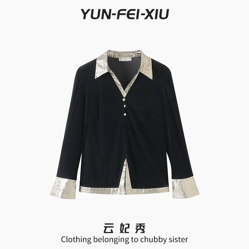 云妃秀大码女装T恤翻领时尚金属装饰宽松显瘦遮肉胖妹妹秋季68685