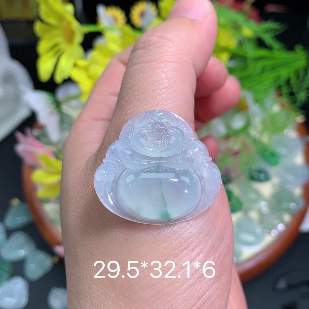 缅甸翡翠A货冰种飘花佛公刘挂件水润百搭精冰气质气质珠宝玉石