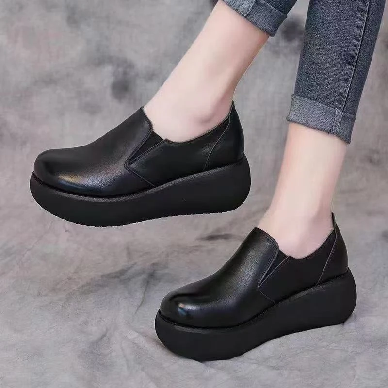 复古圆头增高松糕鞋女厚底新款单鞋一脚蹬休闲软底懒人鞋