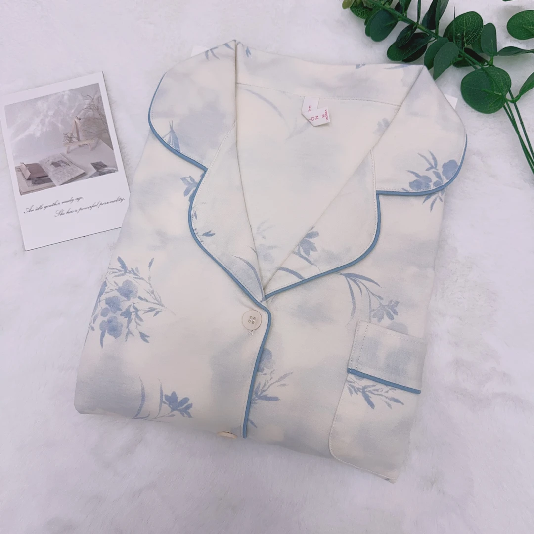163#秋冬双面加厚100%纯棉蓝色妖姬女士长袖睡衣套装家居服带胸垫