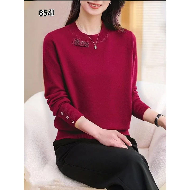 新款春季长袖针织衫女短款小个子妈妈镶钻蝴蝶结圆领纯色洋气上衣