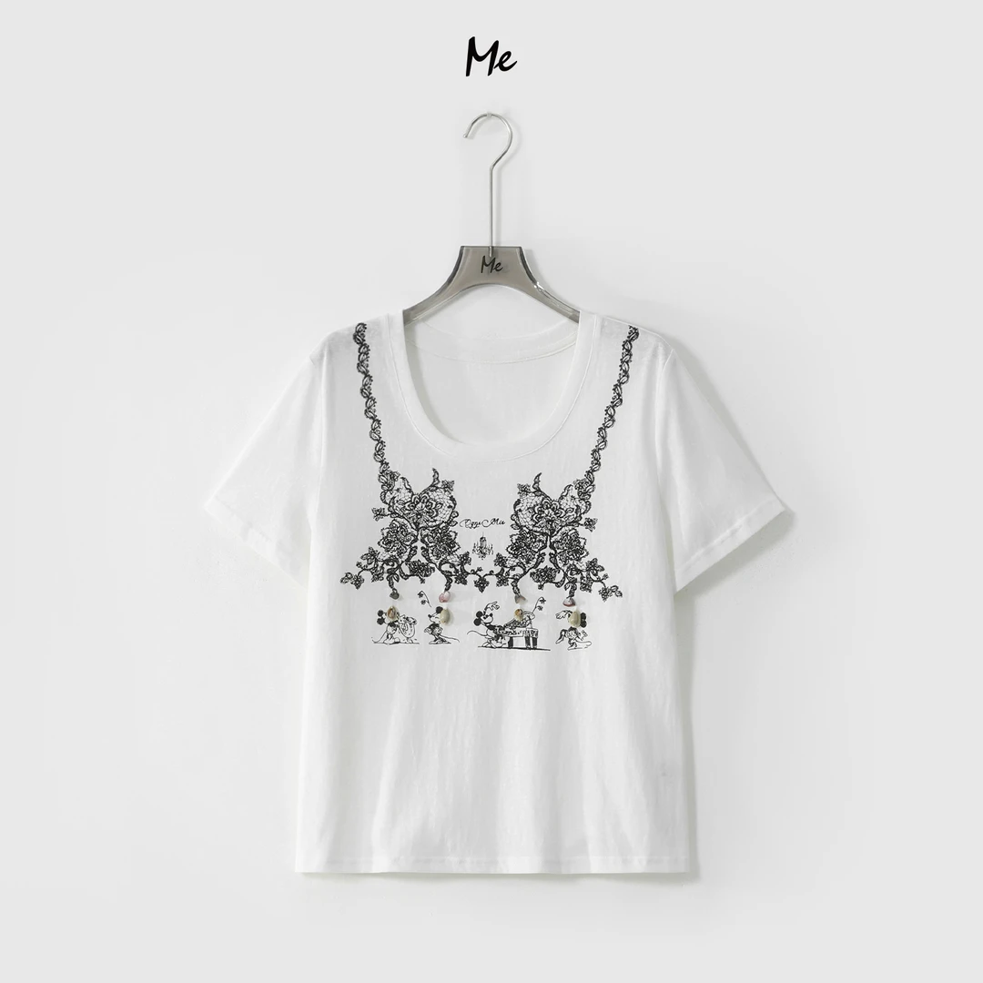 ME【米头吊坠T】复古卡通印花手缝海贝显瘦舒适百搭短袖T恤MESS5369