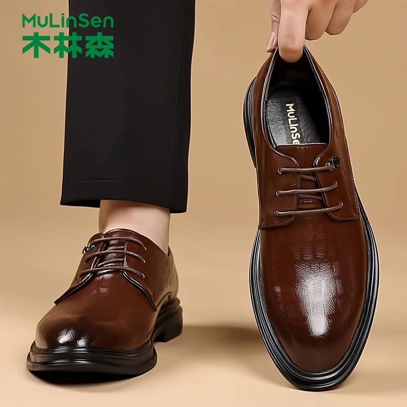 木林森皮鞋男新款商务正装灰色休闲春秋透气男士英伦韩版尖头新郎
