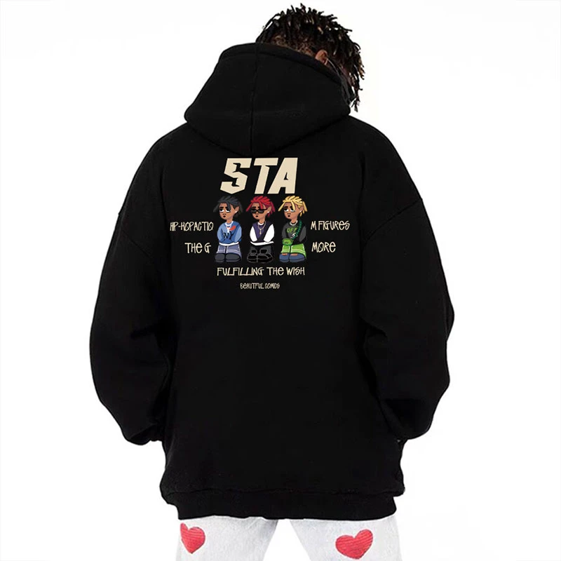 STA. SRXRMD潮牌重磅站队公仔连帽卫衣男女秋宽松百搭情侣上衣