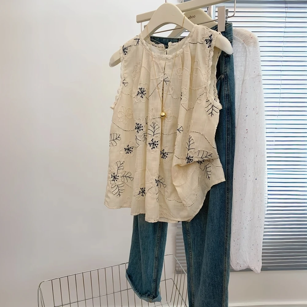 特大码300斤新中式国风蕾丝刺绣坎肩衬衫背心外穿无袖上衣高级感