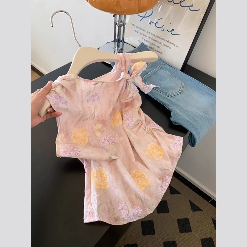 2025新款夏季新中式国风时尚碎花无袖衬衫女短款洋气独特别致上衣