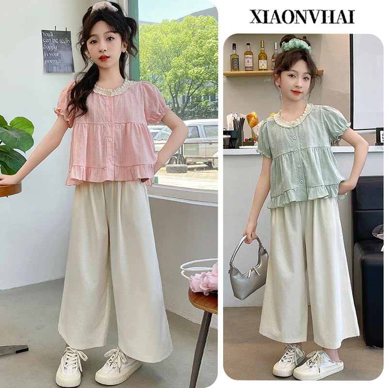 小女孩女童花边娃娃衫套装6-12岁韩版洋气2025新款休闲夏装小清新