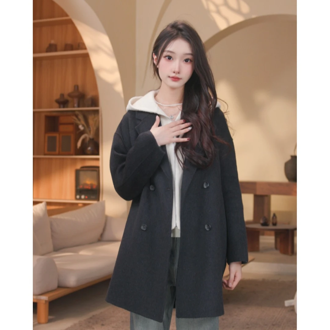 伊迪卡双面羊毛大衣韩系气质百搭秋冬季中长款小个子百搭宽松外套