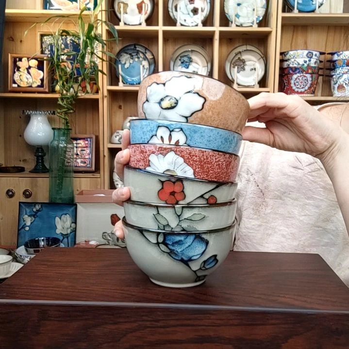 瓷片小可陶瓷高温釉下彩一组六只米饭碗