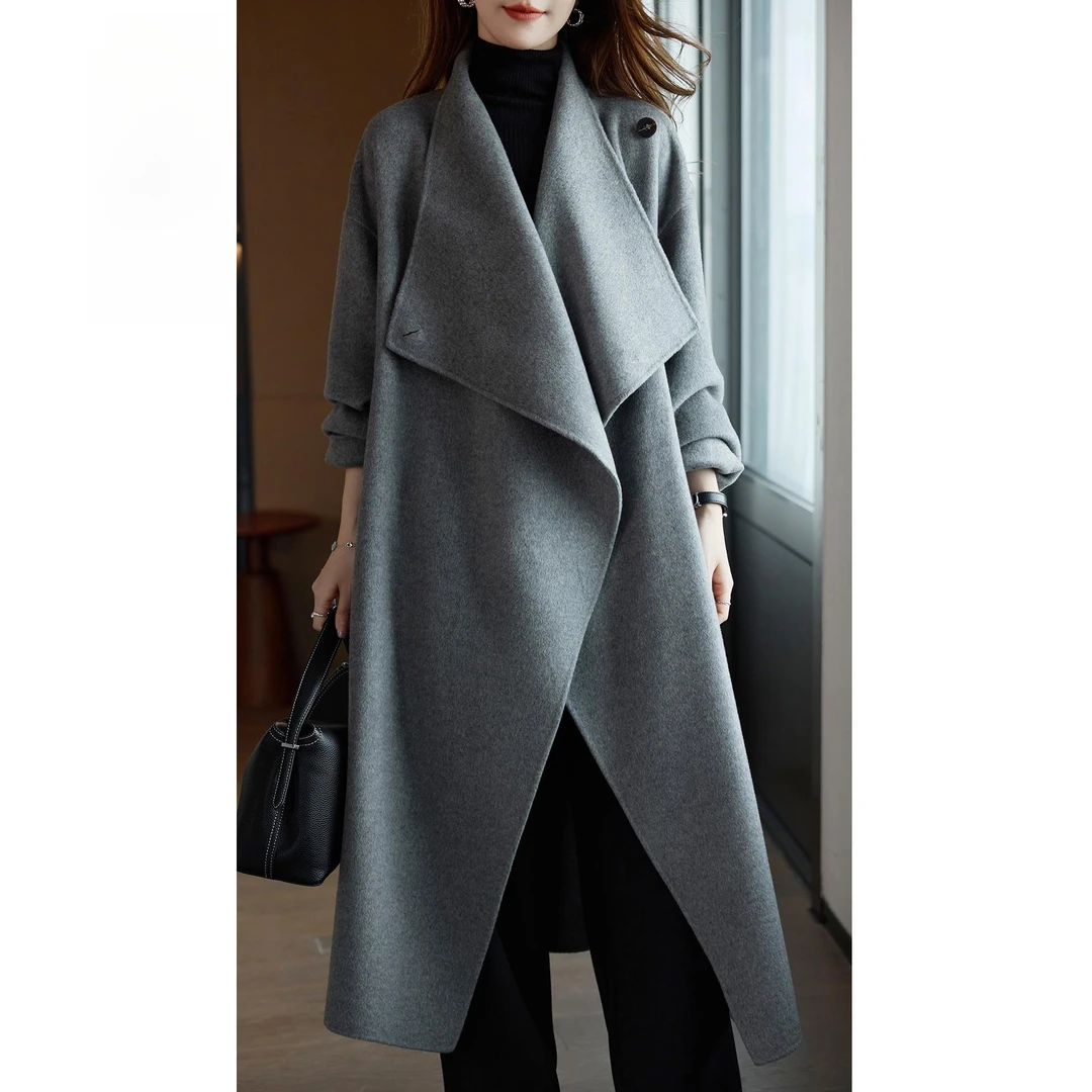 秋冬新款中长双面绒大衣通勤简约韩版气质百搭保暖羊毛呢女装外套