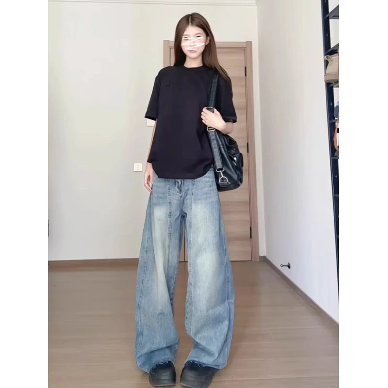 设计感美式弯刀牛仔裤女2025年夏季新款直筒宽松高腰阔腿拖地裤子