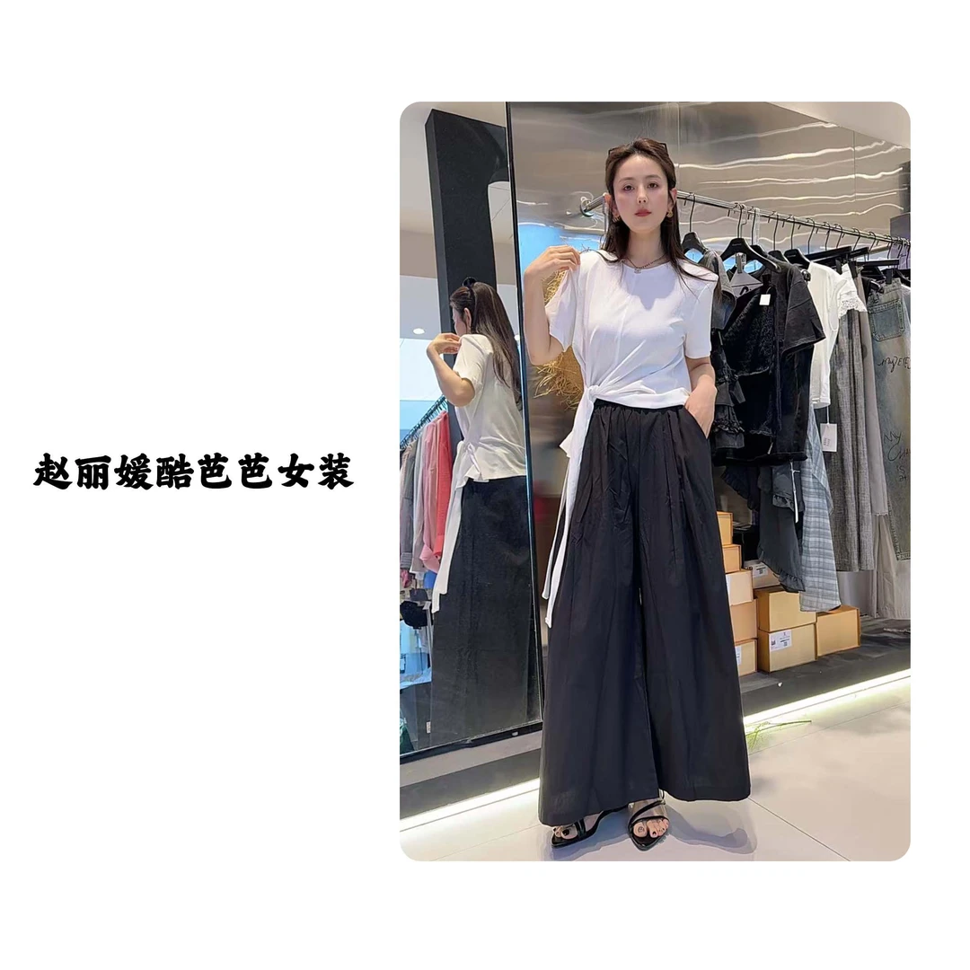 2025年夏季新款百搭时尚宽松设计感牛津腰棉布大腿裤休闲阔腿裤女