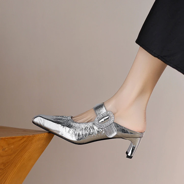 5公分银色高跟包头凉拖鞋女软底小方头百搭外穿半拖鞋小众凉鞋女