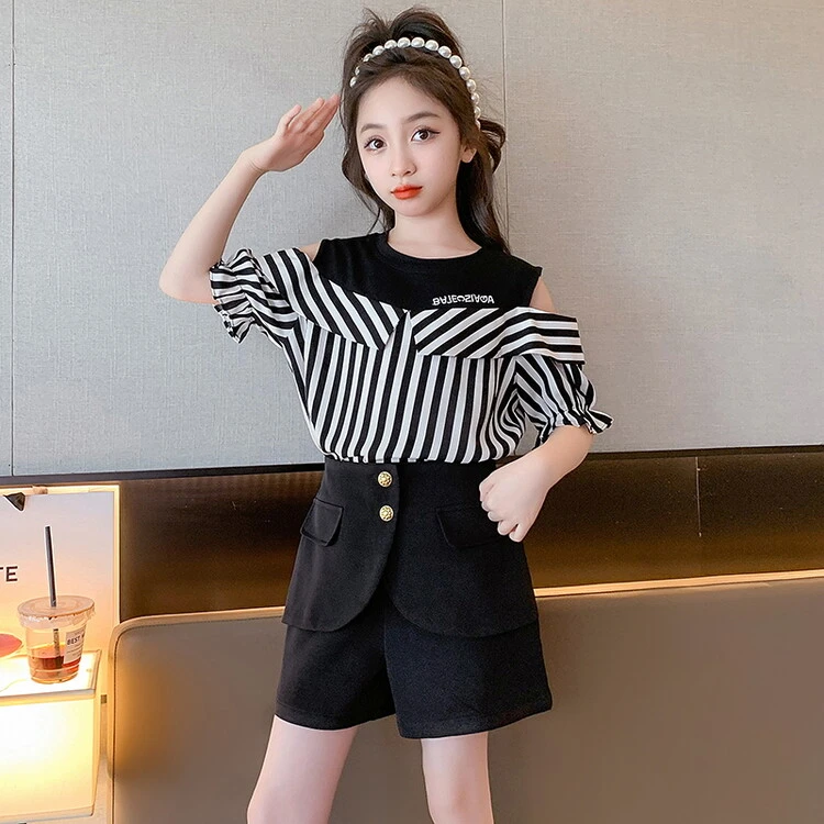 女童短袖t恤夏季大儿童露肩条纹衬衫假两件体恤上衣女孩裙裤黑色