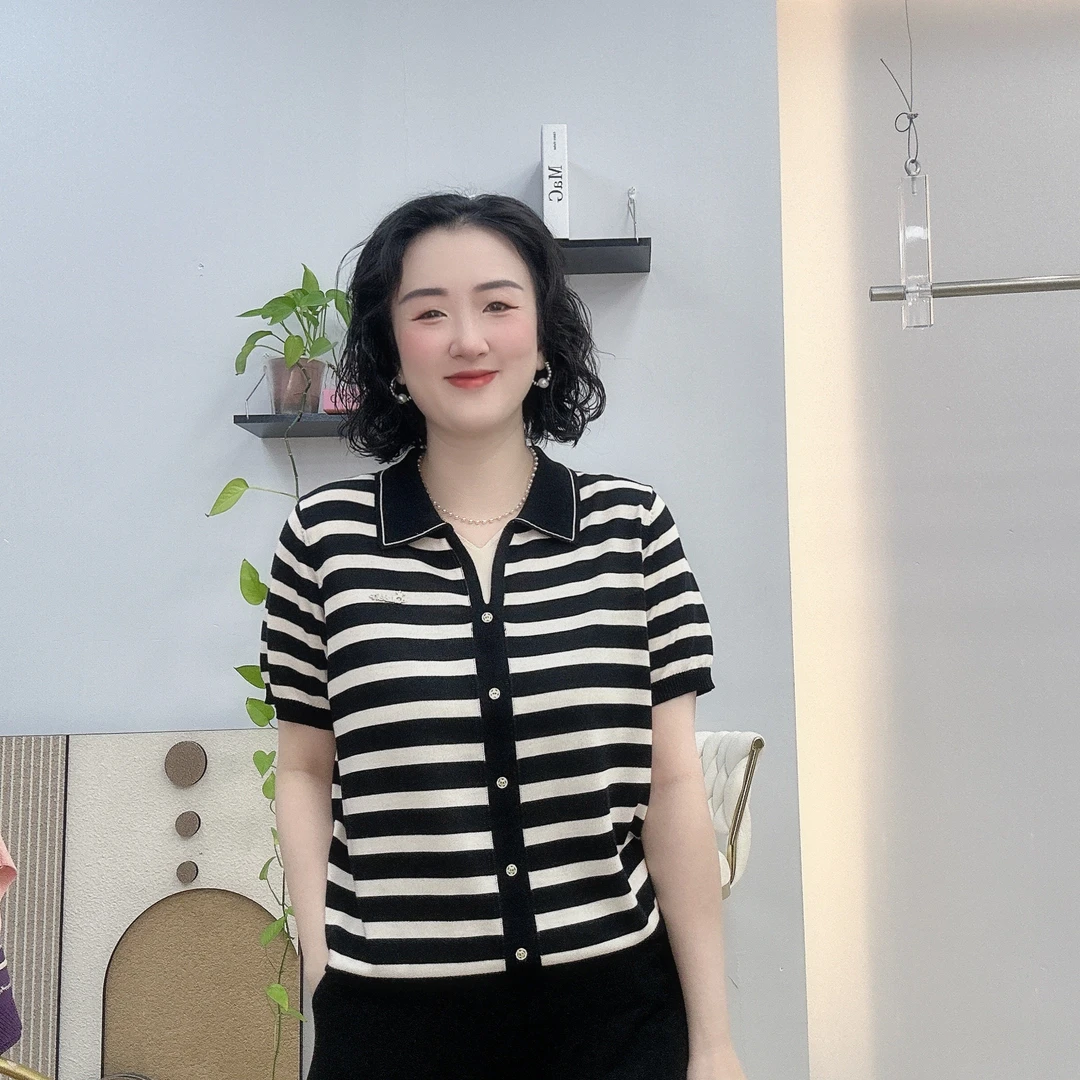 翻领短袖天丝针织衫女夏季新款条纹t恤短款宽松假两件莱赛尔上衣