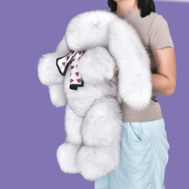 真毛进口狐狸长耳朵可爱兔子毛绒公仔玩偶玩具礼物皮草粉红色抱枕