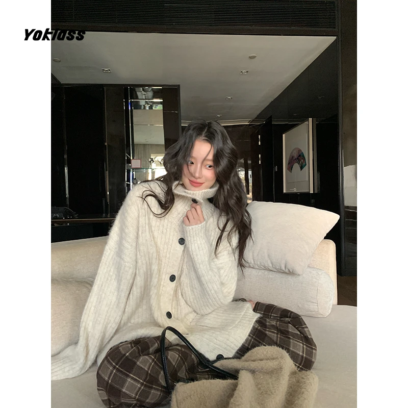 YOKLASS少女家 杏色高领针织开衫女秋季韩系慵懒风上衣 M37614S53