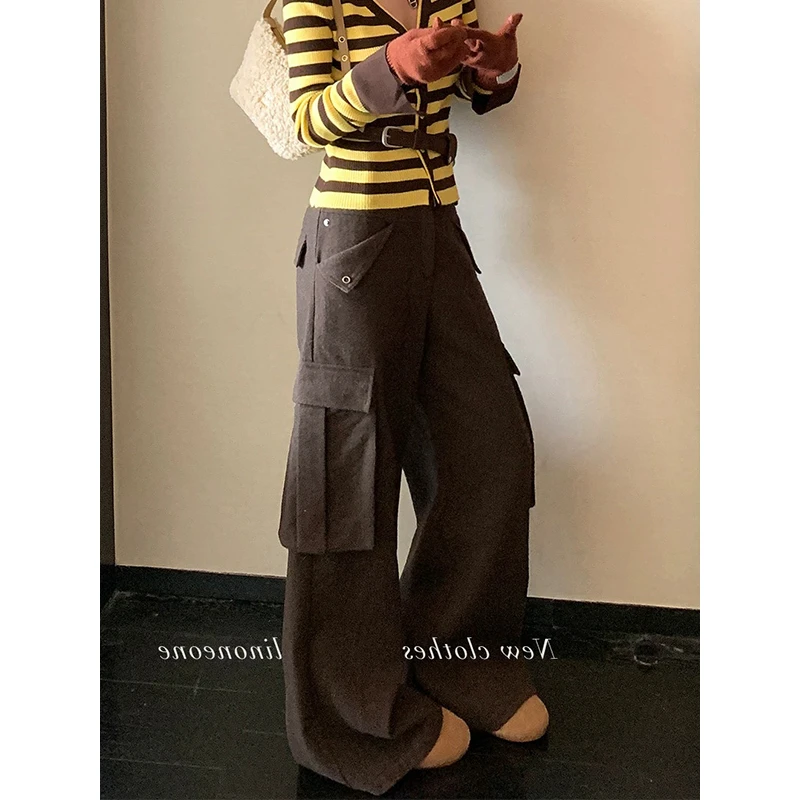 时髦感棕色毛呢休闲工装裤女秋冬新款高腰宽松大口袋加厚阔腿长裤