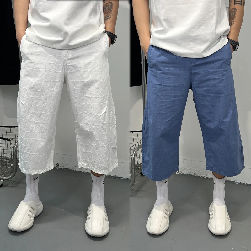 纯色夏季薄款七分裤宽松潮流美式潮牌白色直筒休闲裤提花炸街男裤