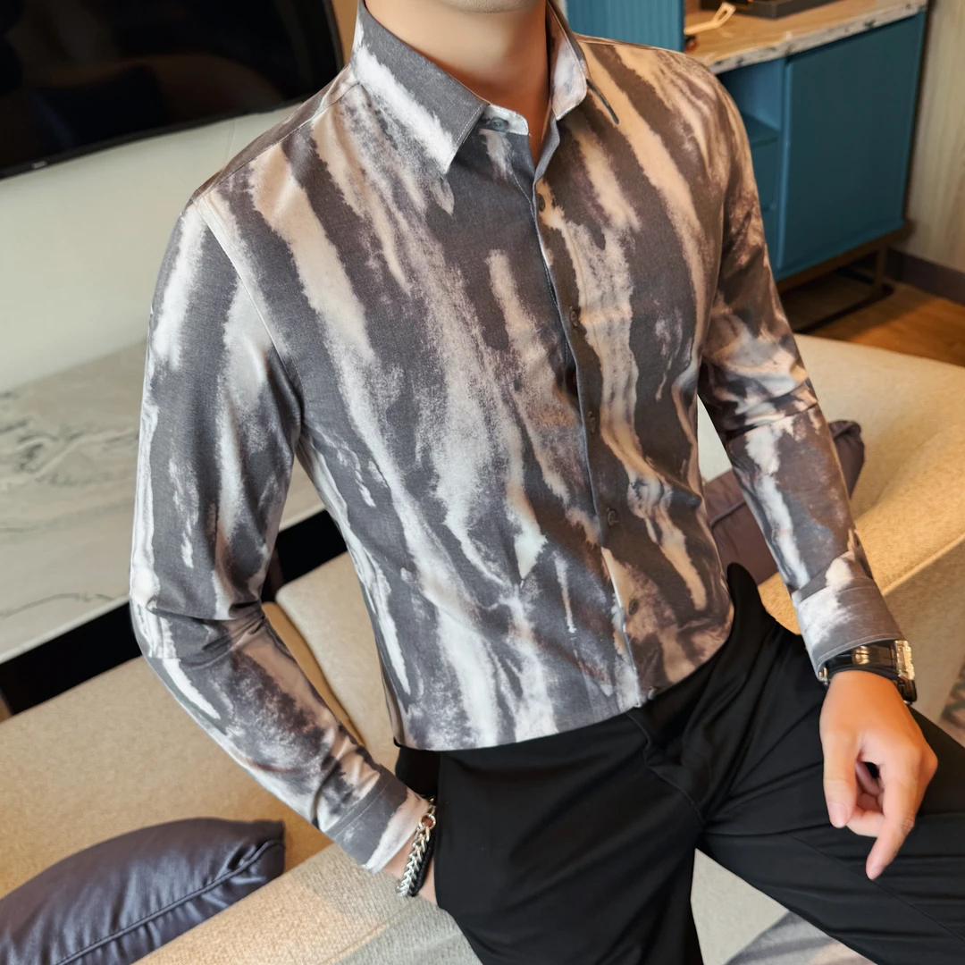 秋季2025新款扎染印花长袖衬衫男装痞帅高级感休闲网红条纹衬衣男