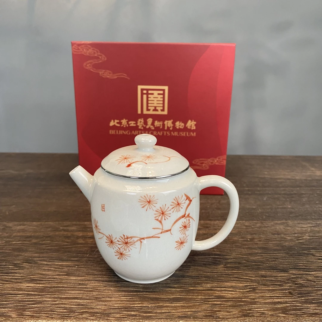 【敬泥堂】草木灰-秋水壶-手绘矾红松风（描白金） JNT-0111中式茶具