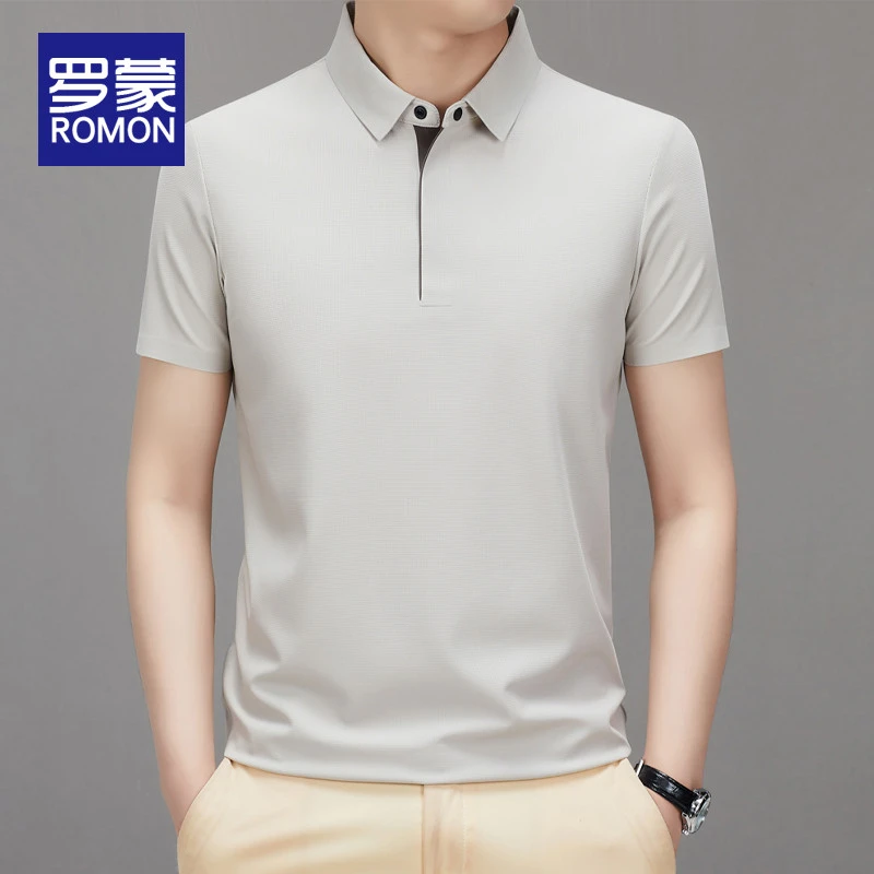 罗蒙夏季男士冰丝短袖t恤2025新款商务休闲免烫轻奢翻领POLO衫男