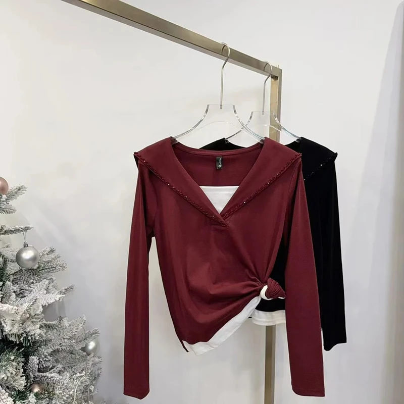 韩版休闲百搭时尚小众假两件长袖T恤女2025