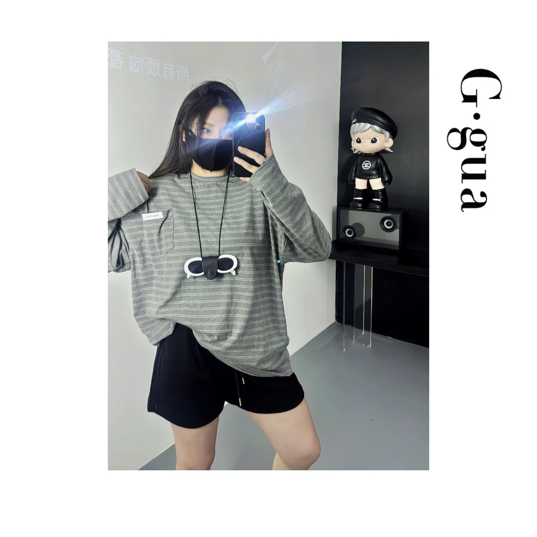 【张_Ggua】2025年秋款韩版东大门条纹遮肉长袖+休闲百搭短款小卫裤