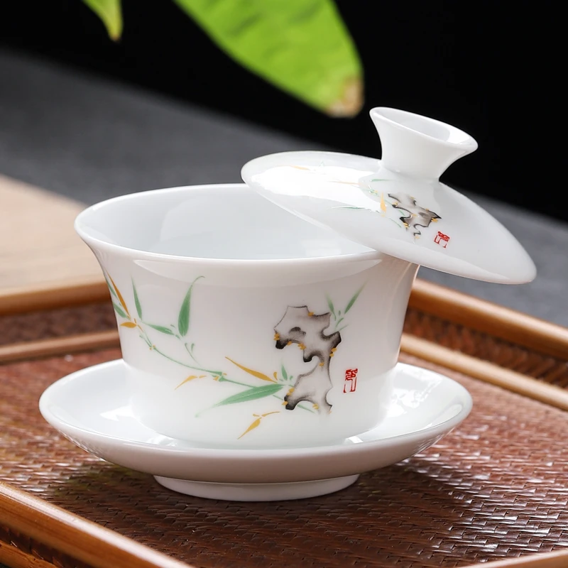 悬停盖碗单杯中式简约白瓷泡茶不烫手功夫茶道陶瓷三才茶具器具