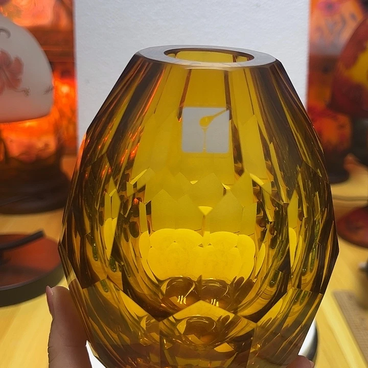 琉璃手工艺品琥珀色切割面花瓶花器高17口4