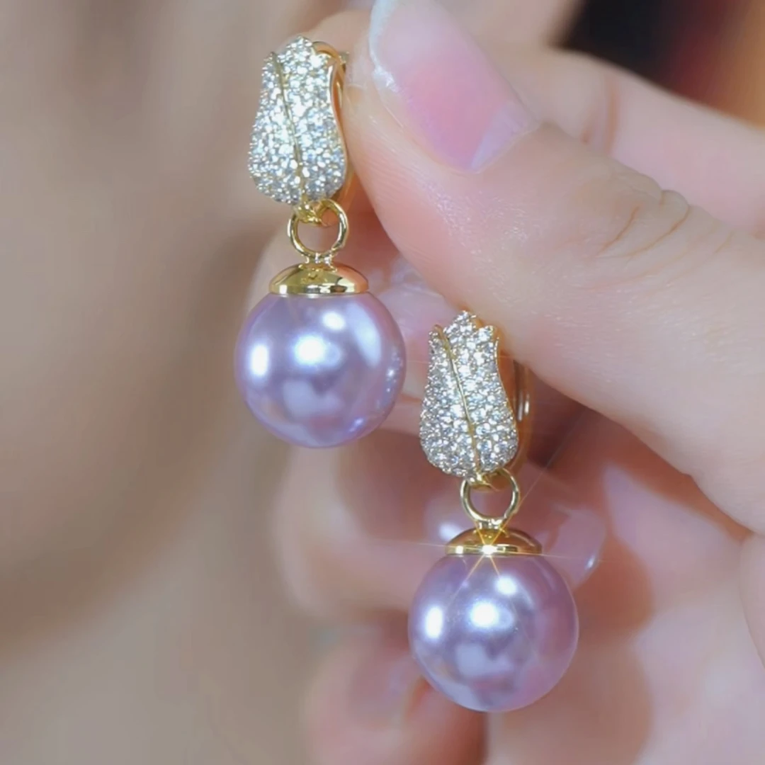 铜合金合成锆石耳饰 【郁金香】精致耳扣紫色仿珍珠一款多戴耳环