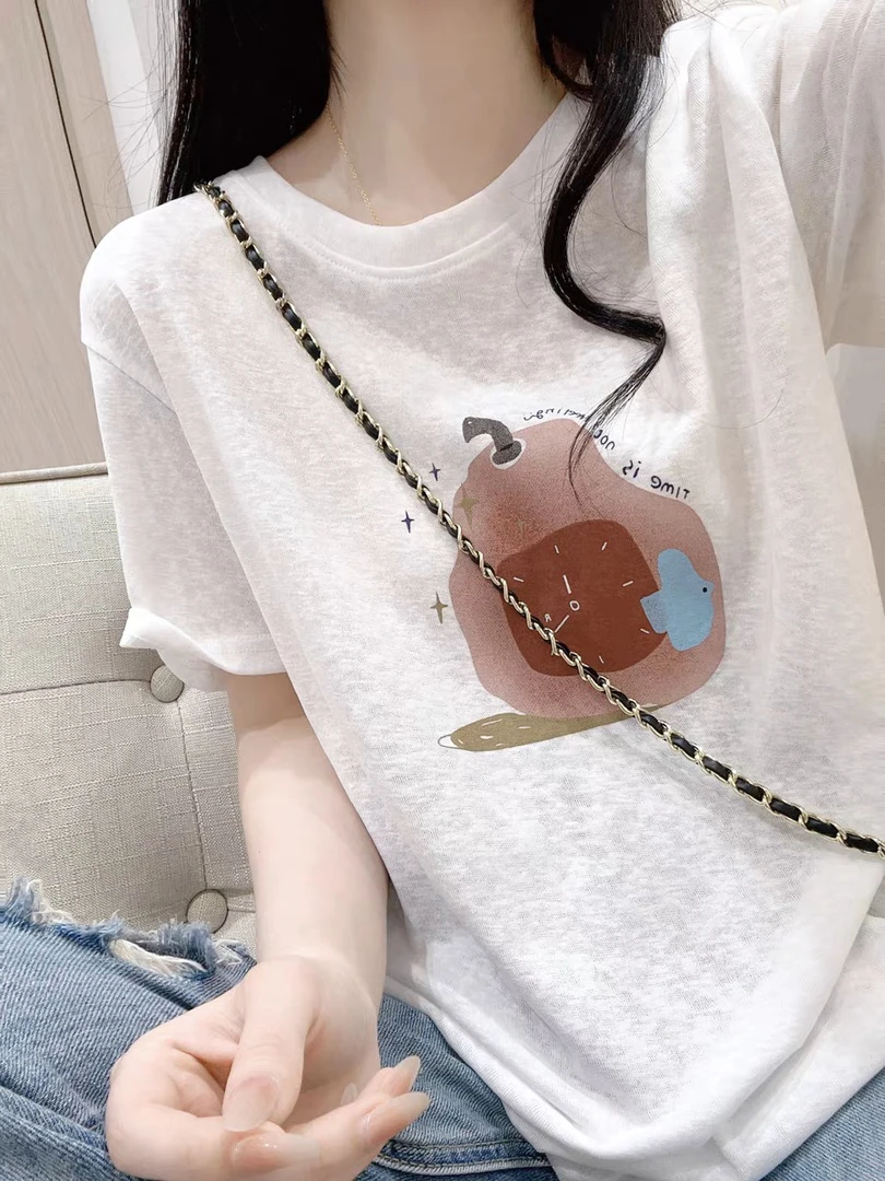 韩系减龄卡通印花t恤短袖女夏季新款轻薄雪花棉宽松百搭圆领上衣