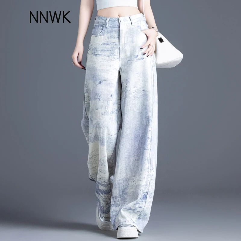复古扎染牛仔裤女款爆款2025新款春秋季宽松显瘦阔腿裤休闲直筒裤