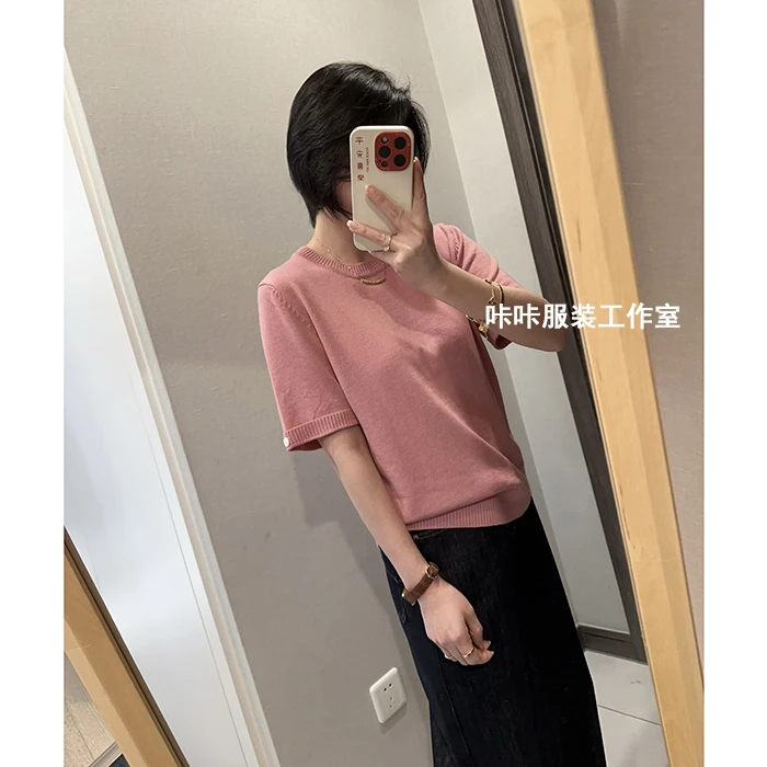 REKAYYAT“甜茶”绵羊毛春季韩系百搭纯色挽扣设计圆领套头针织衫