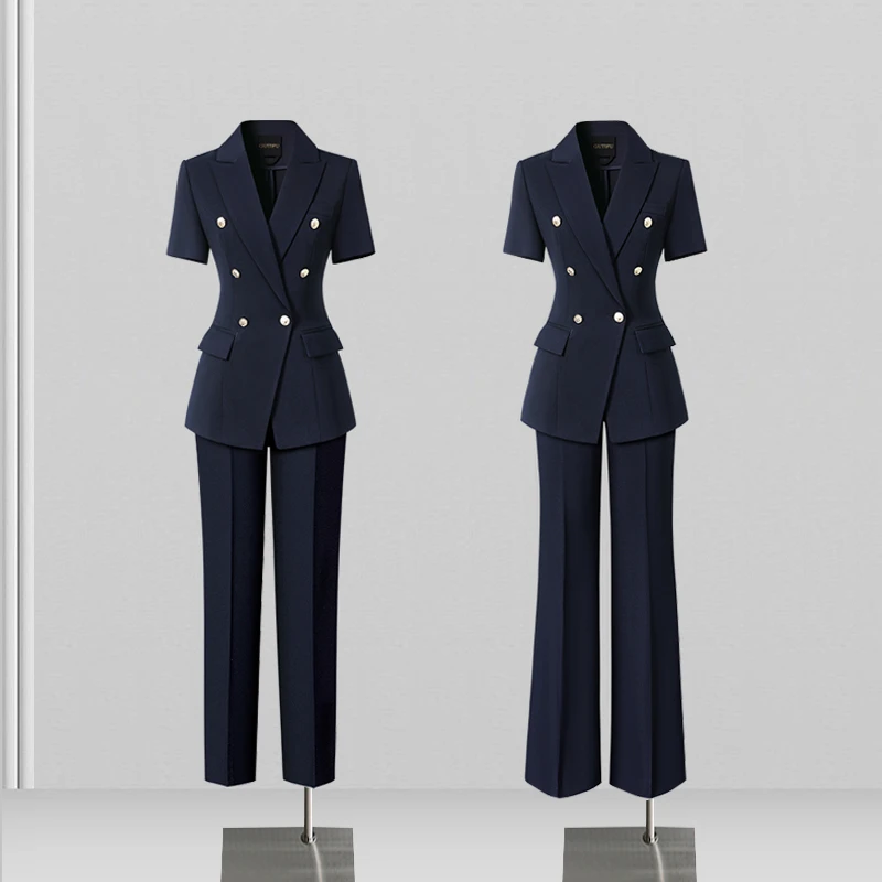 2025【西装套装】双排扣藏青色短袖薄款春夏高级通勤经典款西服