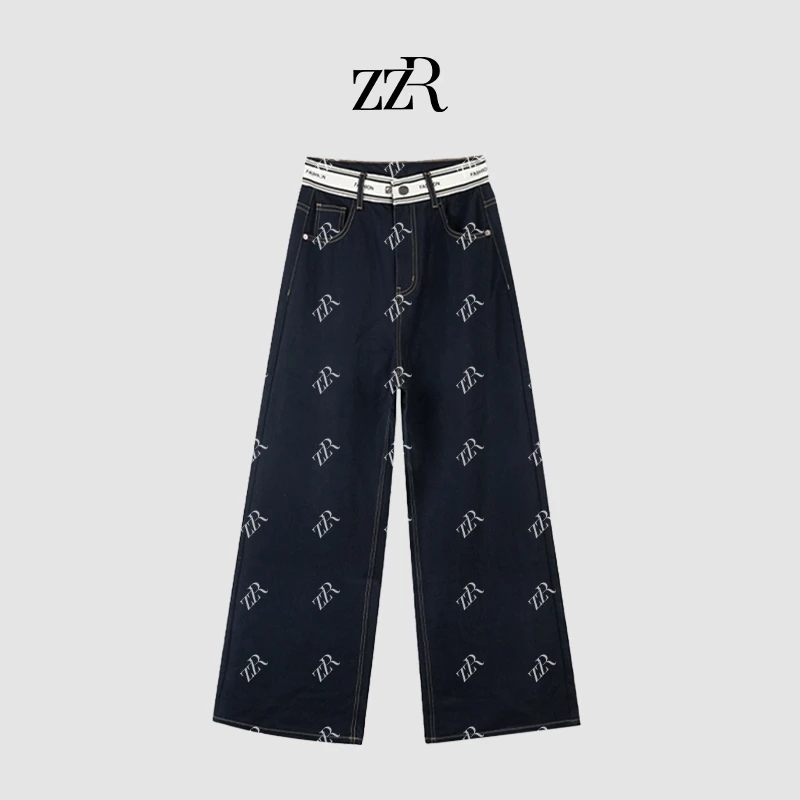 ZZR二代深蓝直筒牛仔裤女夏季薄款拼接字母腰头垂感阔腿拖地长裤