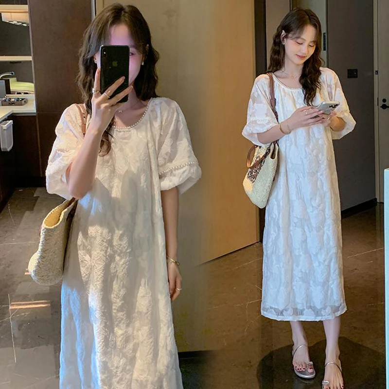 高端孕妇连衣裙夏季薄款时尚韩版气质法式提花泡泡袖裙子女中长款