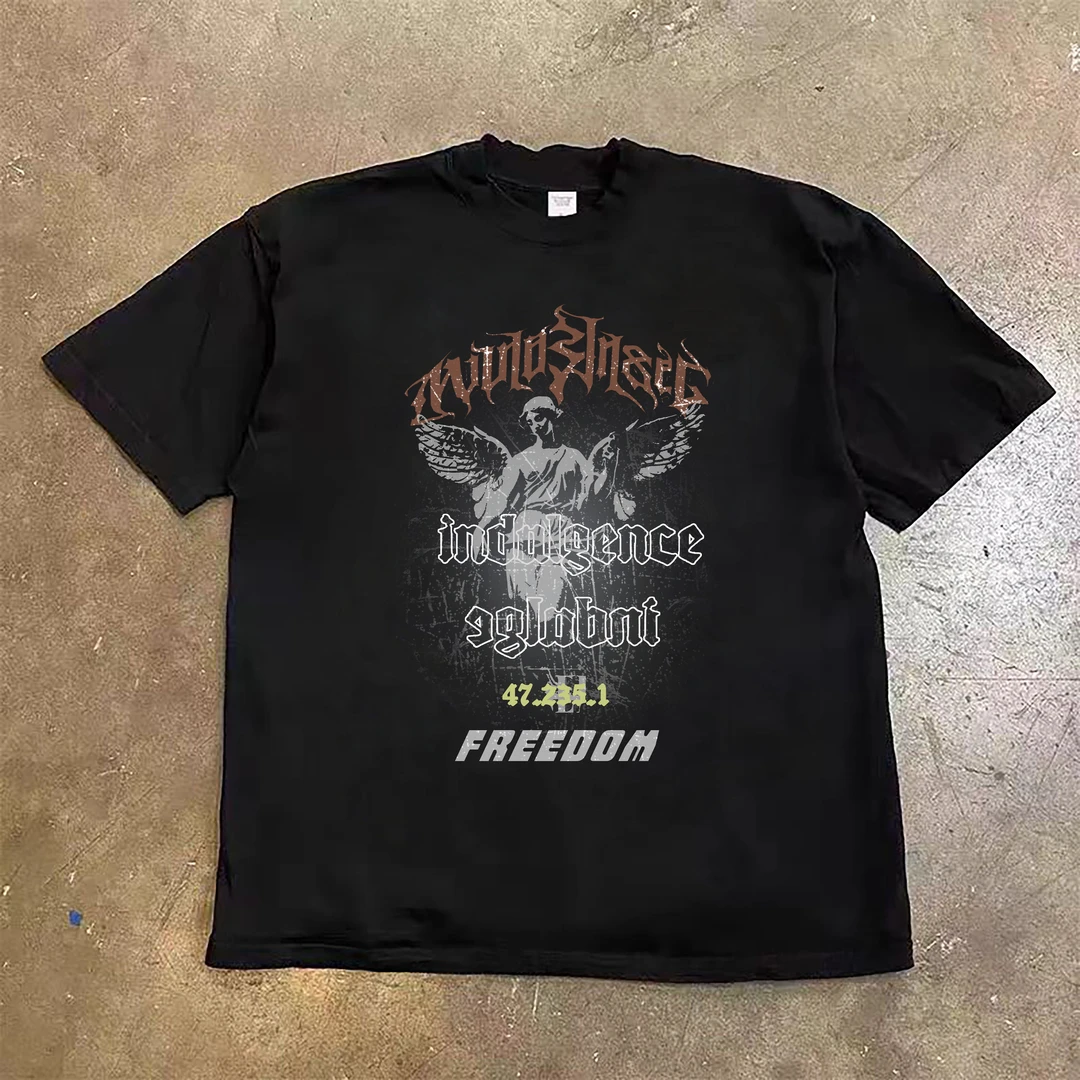 美式hiphop高街短袖纯棉T恤男款宽松重磅圆领复古街头痞帅印花