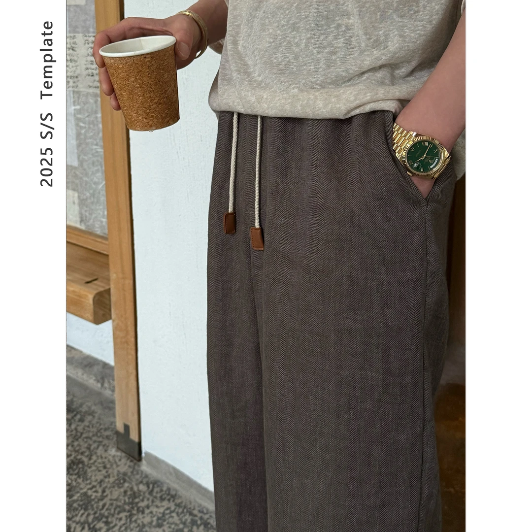 DUPU CONTRACTED黑标 优雅老钱人字纹全亚麻素材松紧腰休闲长裤