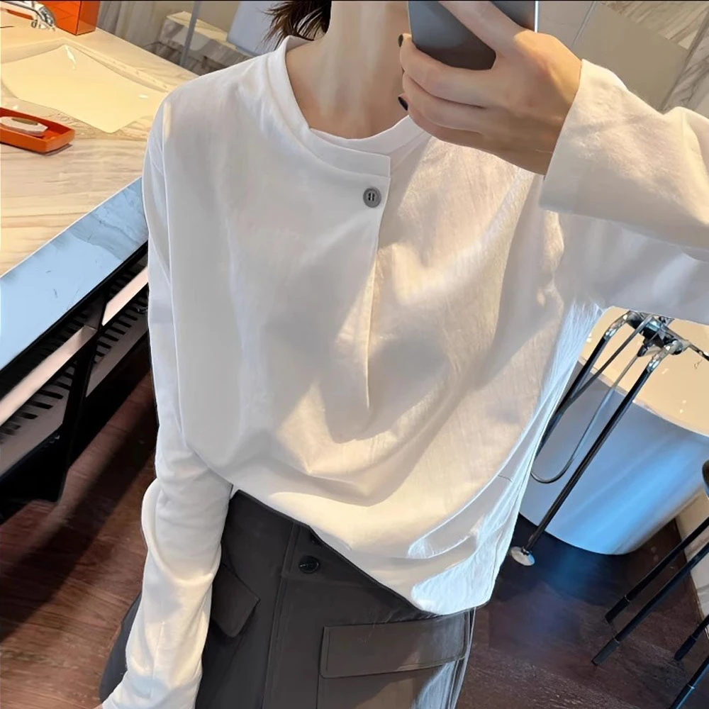 白色纯棉长袖T恤女早秋2025新款韩版宽松打底衫小众设计扣子上衣