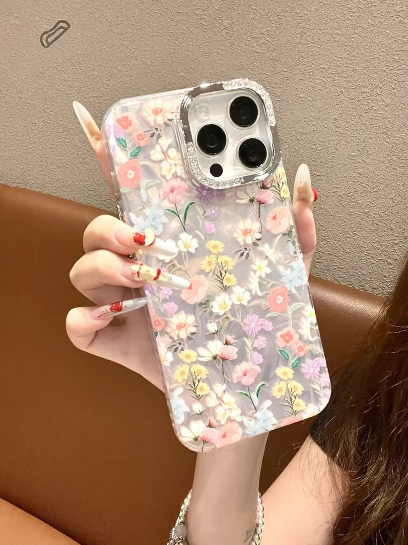 INS风彩色花朵绸缎纹壳适用苹果16/15/14/13防摔手机壳