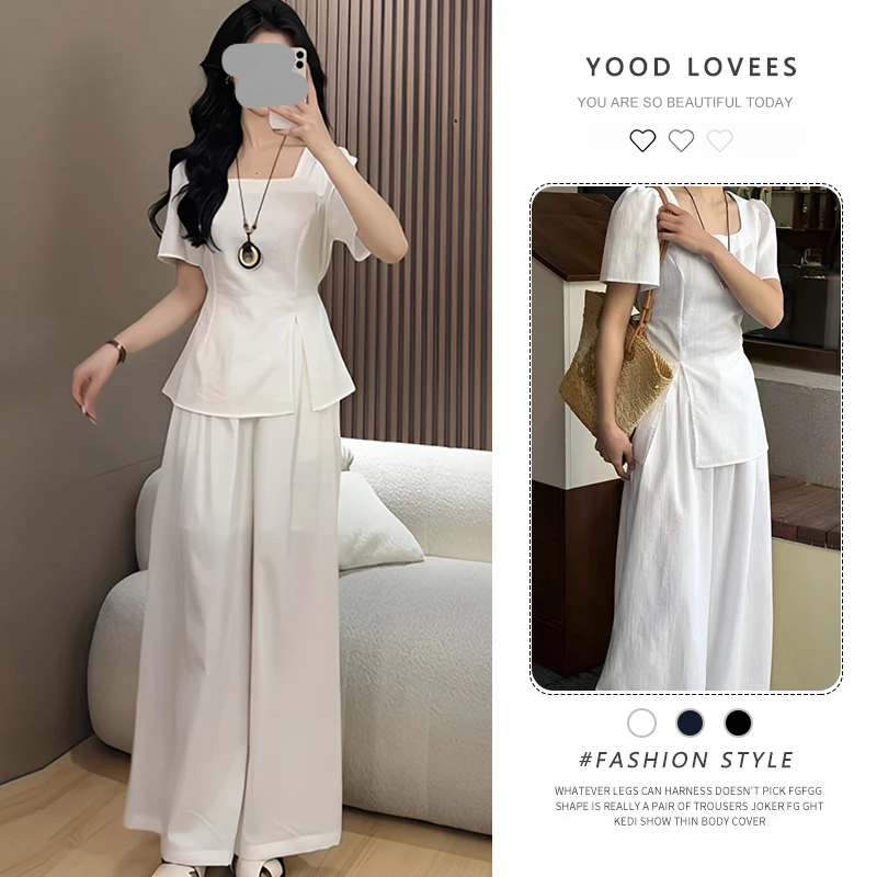 2025夏季法式套装方领开叉上衣女+高腰半松紧阔腿裤百搭套装宽松