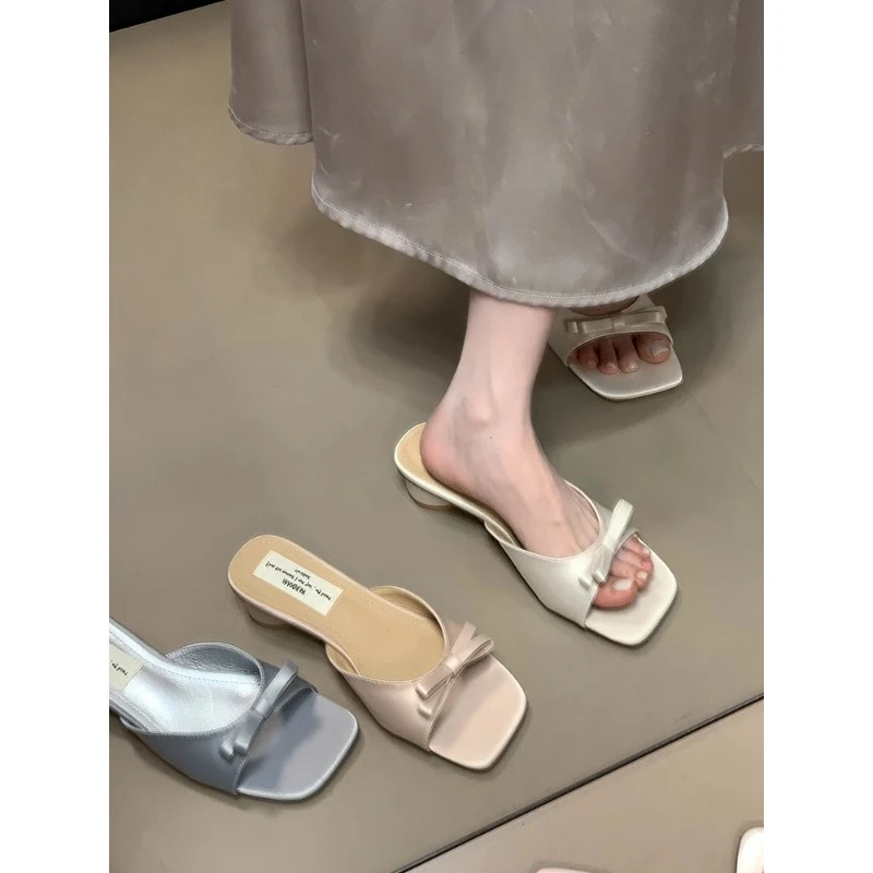 现货爆款温柔蝴蝶结一字拖鞋女2025夏季新款外穿仙女风粗跟凉拖鞋