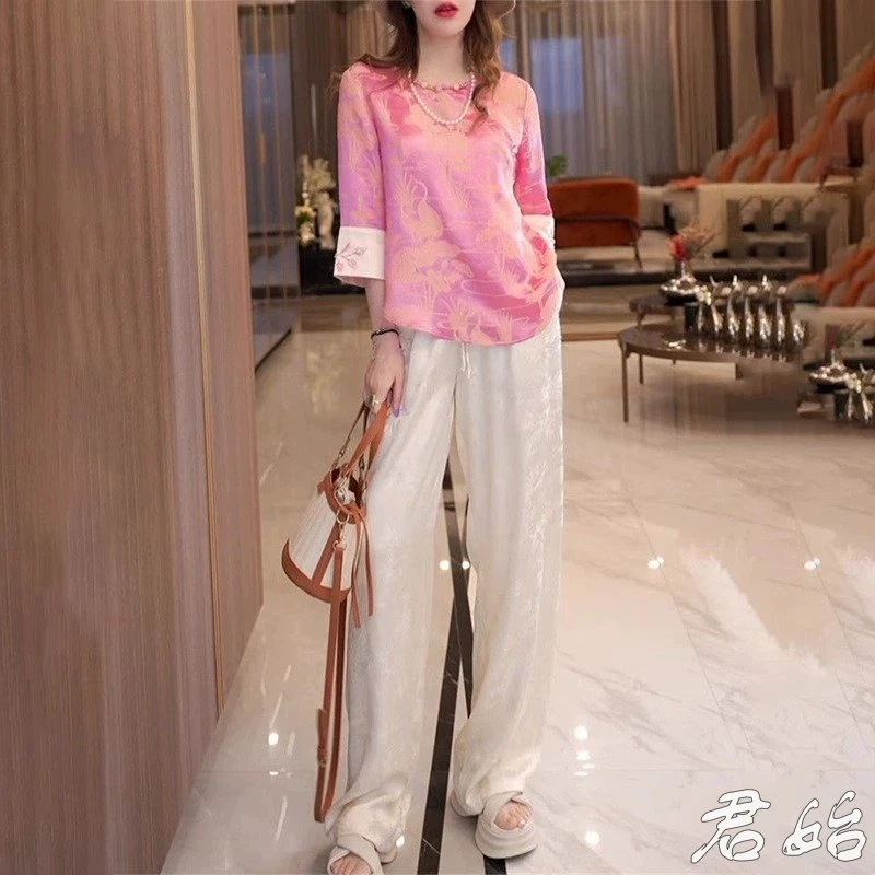新中式国风穿搭休闲套装女夏醋酸气质显瘦上衣阔腿长裤高档两件套