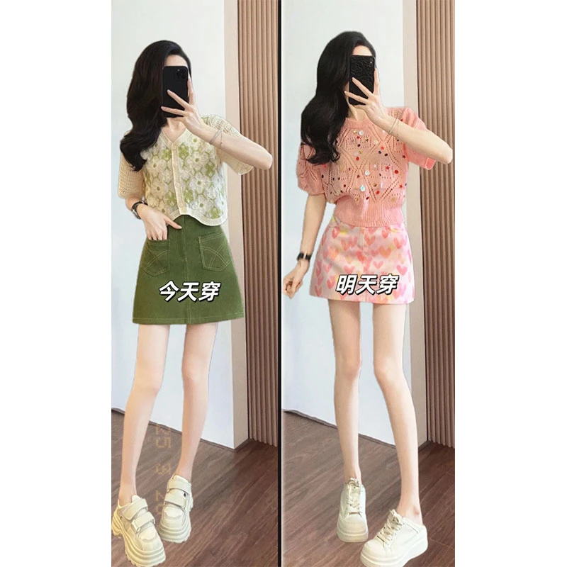 时尚减龄小香风休闲套装2025夏款V领针织上衣绿色牛仔短裙两件套