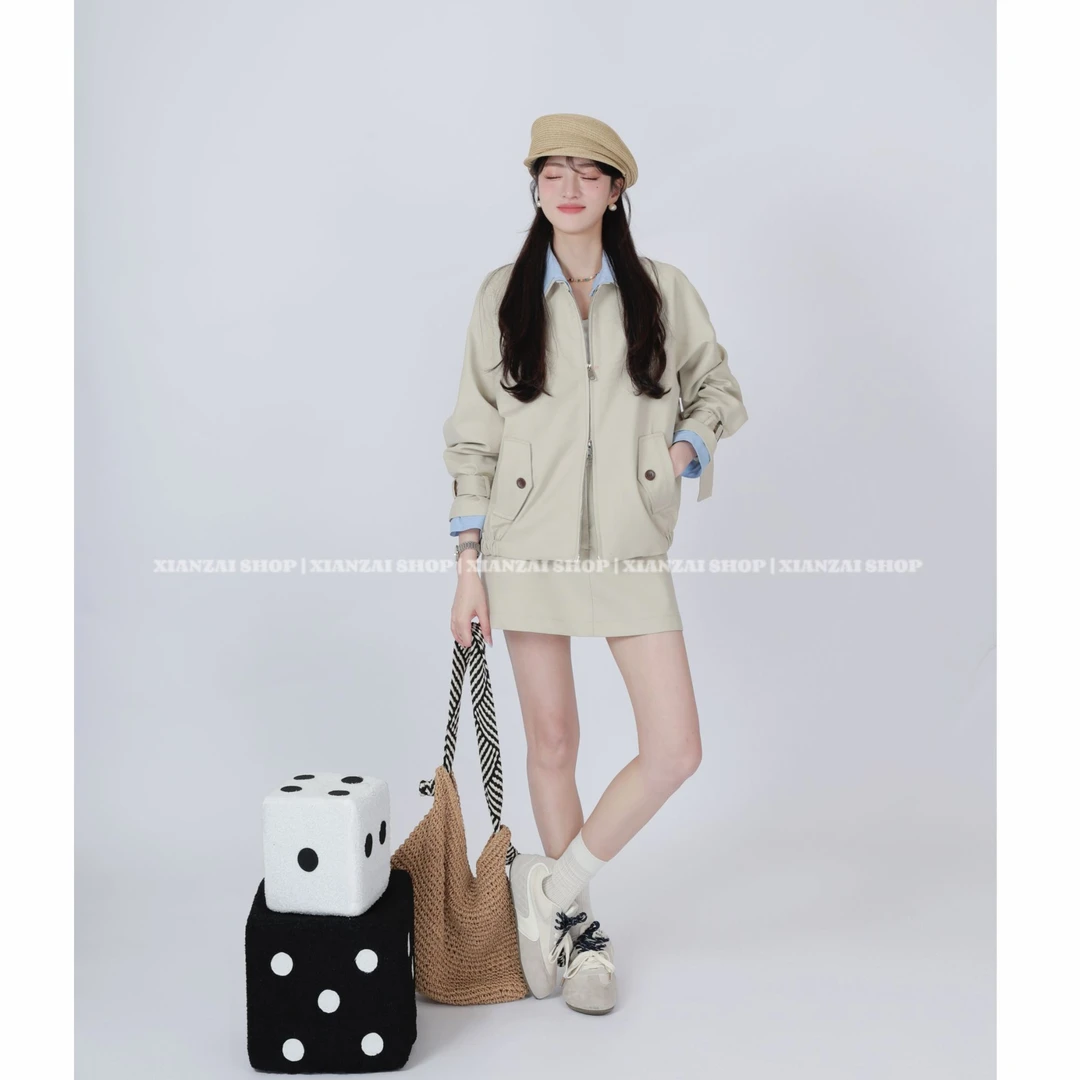 XIANZAI【巴恩风】秋季新款休闲风衣夹克拼接可拆外套短裙两件套装