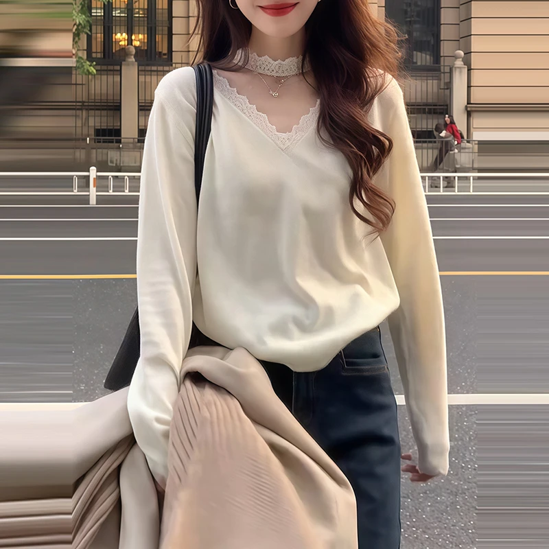 法式温柔风白色蕾丝拼接针织衫女2025秋冬新款减龄显瘦高级感上衣