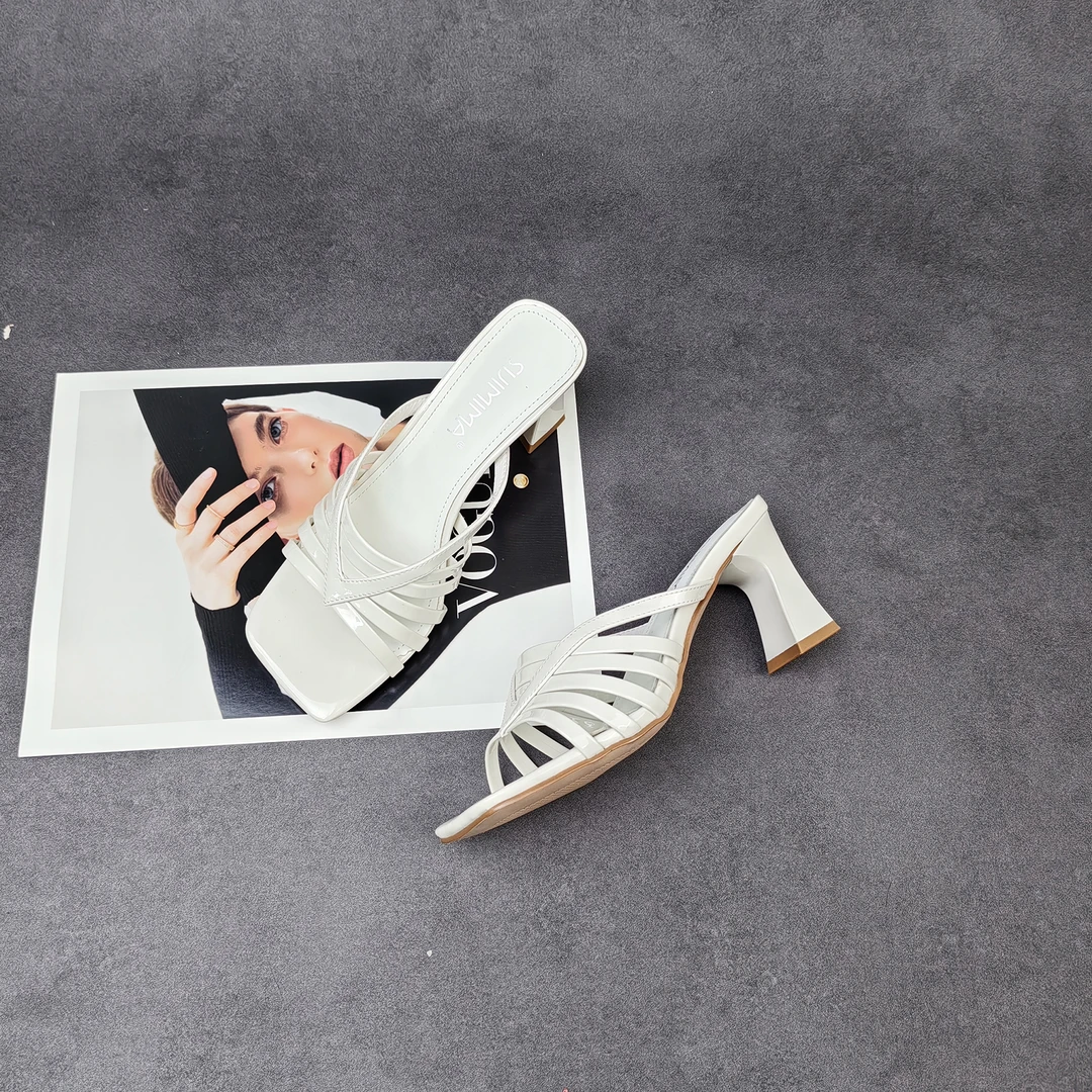 火爆夏季新款方头时尚中跟编织百搭气质白色女凉拖鞋6288-258