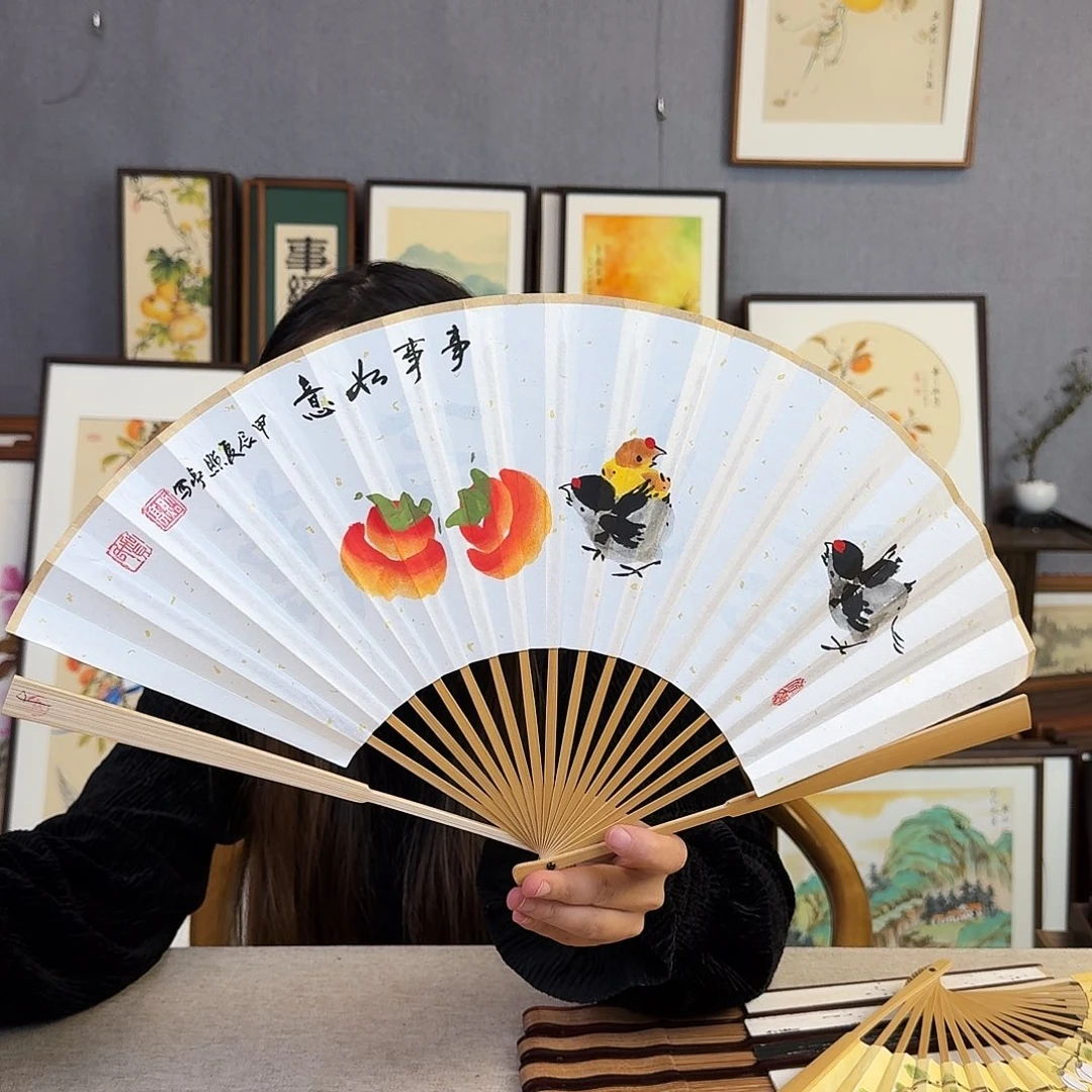 国画8寸水磨玉竹-纯手绘-文玩扇骨（默认粘好）