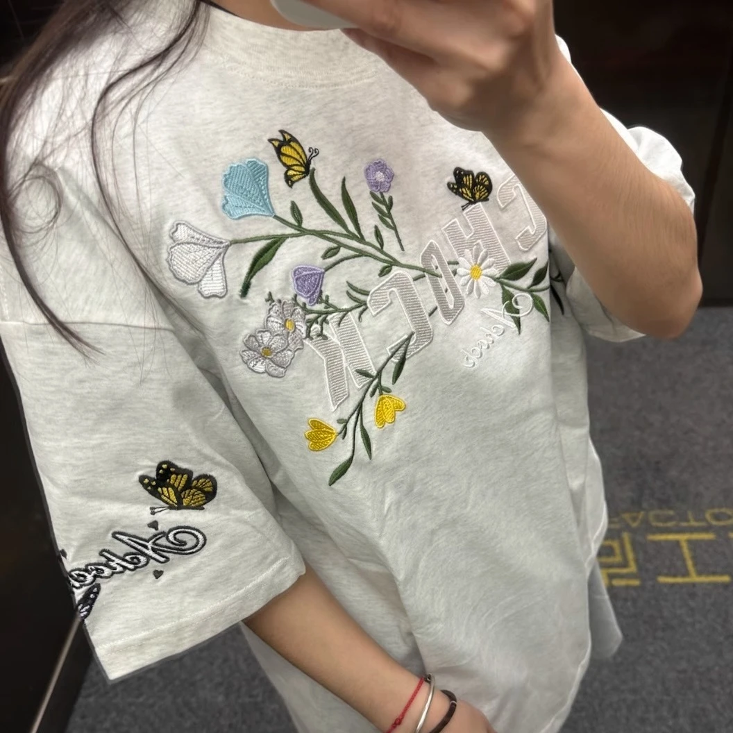 美式街头花卉刺绣短袖T恤男女夏季新款宽松小众纯棉情侣上衣体恤